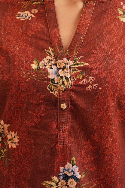 Maroon Floral Printed Pure Cotton Straight Winter Kurta