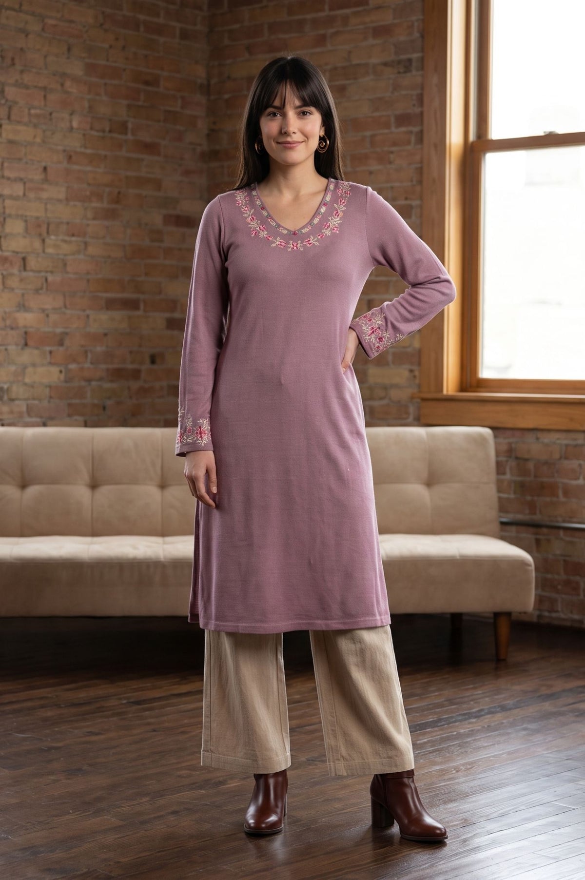 Mauve Embroidered Acrylic Straight Winter Kurta