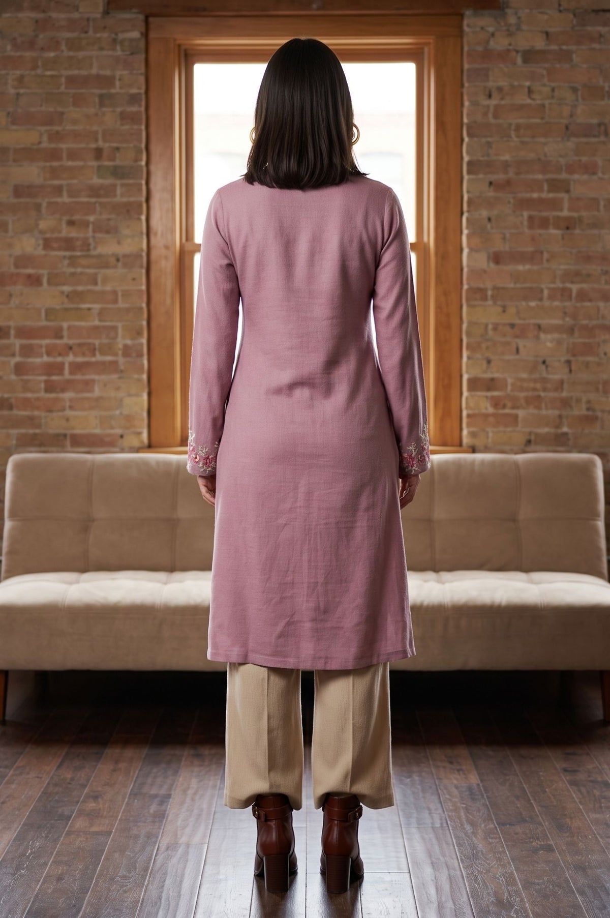 Mauve Embroidered Acrylic Straight Winter Kurta
