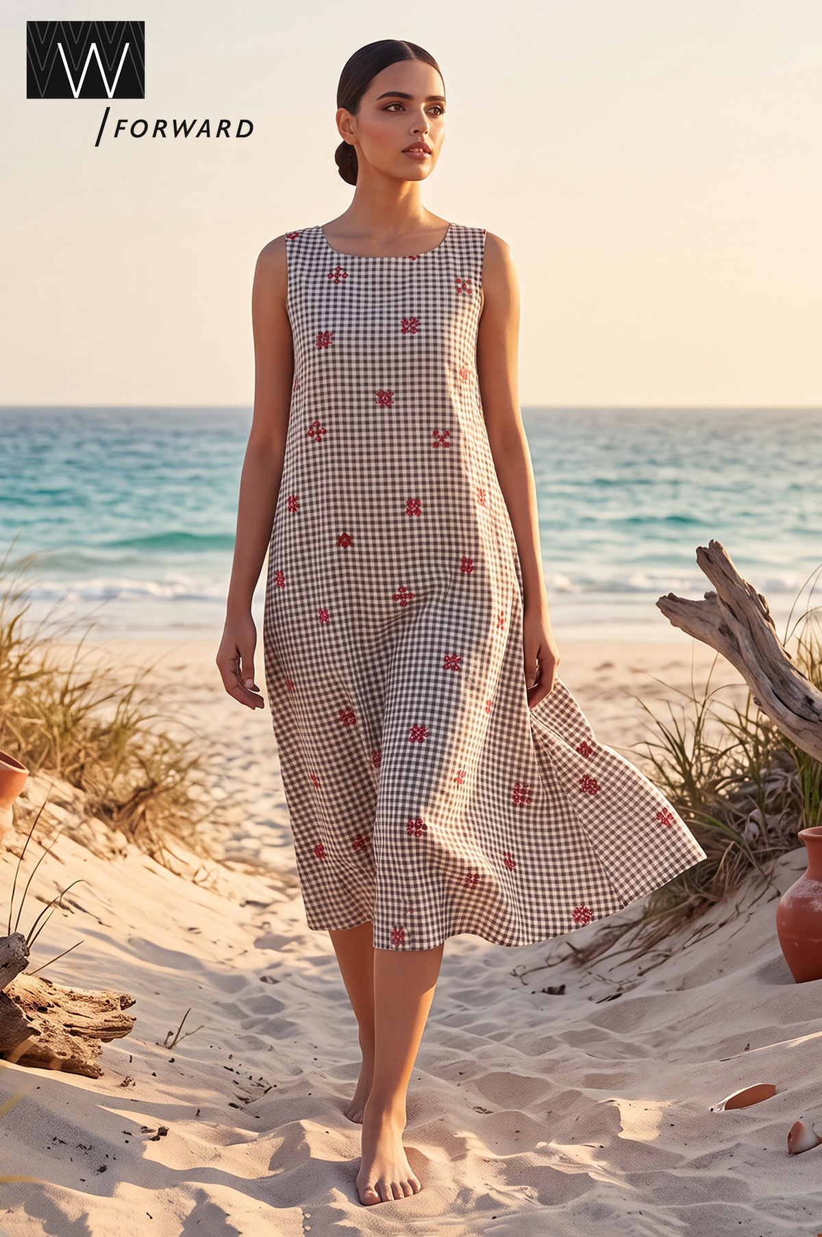 Gingham Hour Casual Embroidered Flared Dress - XS