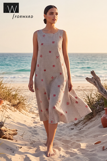 Gingham Hour Casual Embroidered Flared Dress