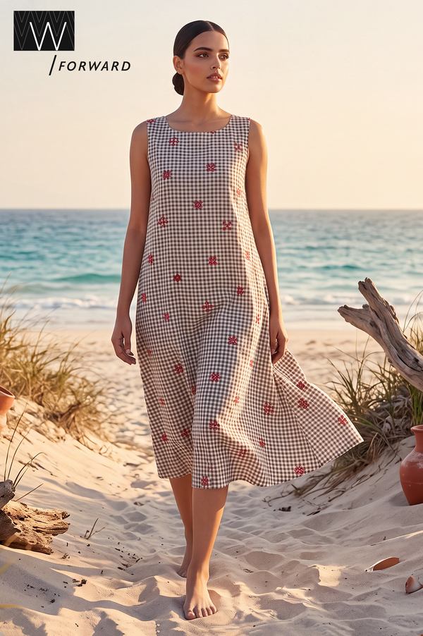 Gingham Hour Casual Embroidered Flared Dress