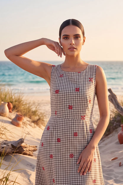 Gingham Hour Casual Embroidered Flared Dress