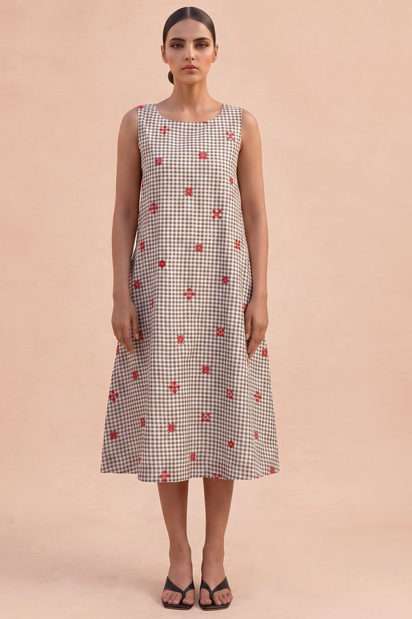 Gingham Hour Casual Embroidered Flared Dress
