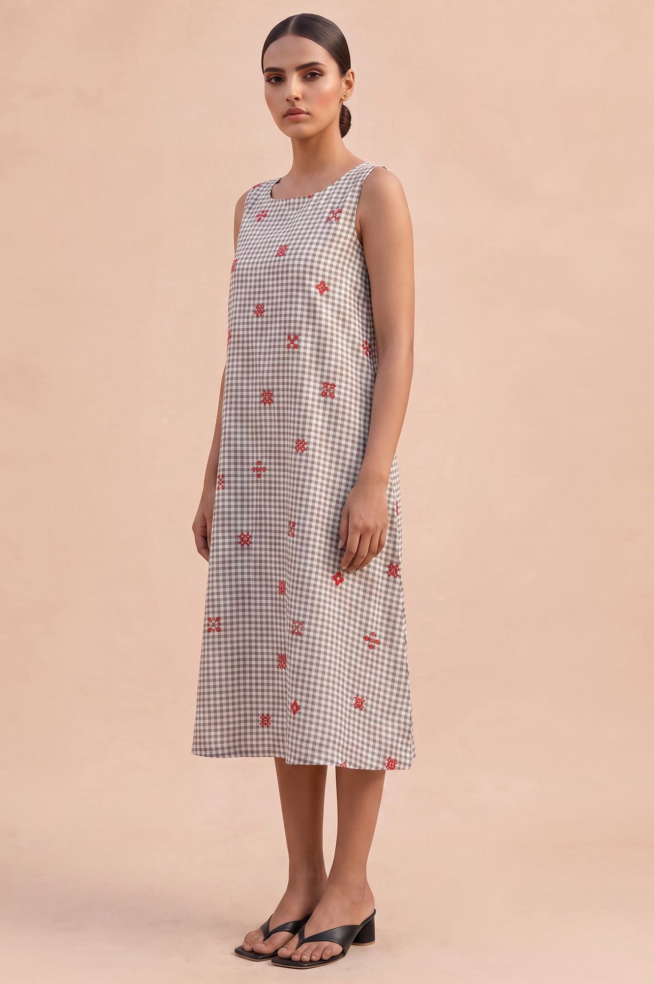 Gingham Hour Casual Embroidered Flared Dress
