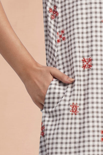 Gingham Hour Casual Embroidered Flared Dress