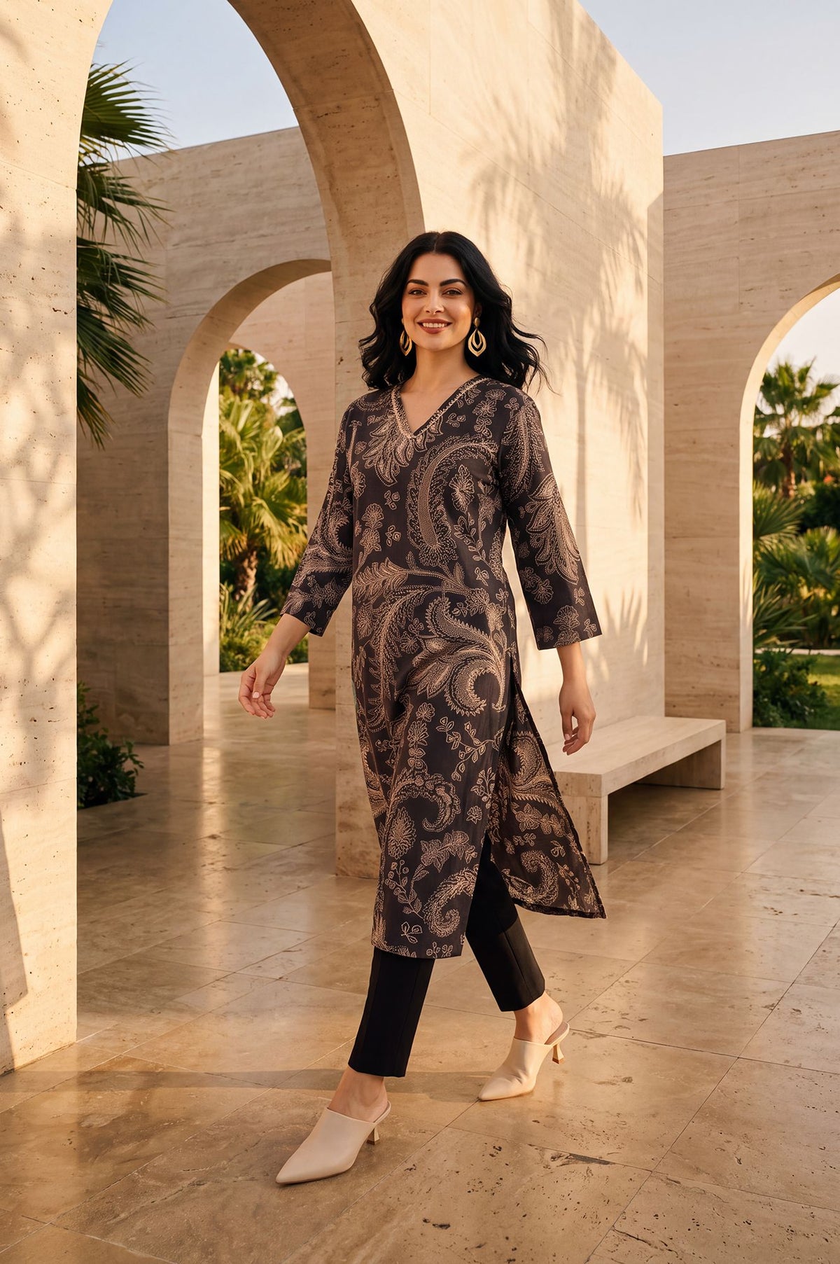Coffee Brown Paisley Pure Cotton Straight Kurta