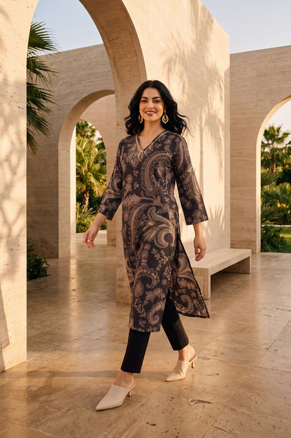 Coffee Brown Paisley Pure Cotton Straight Kurta