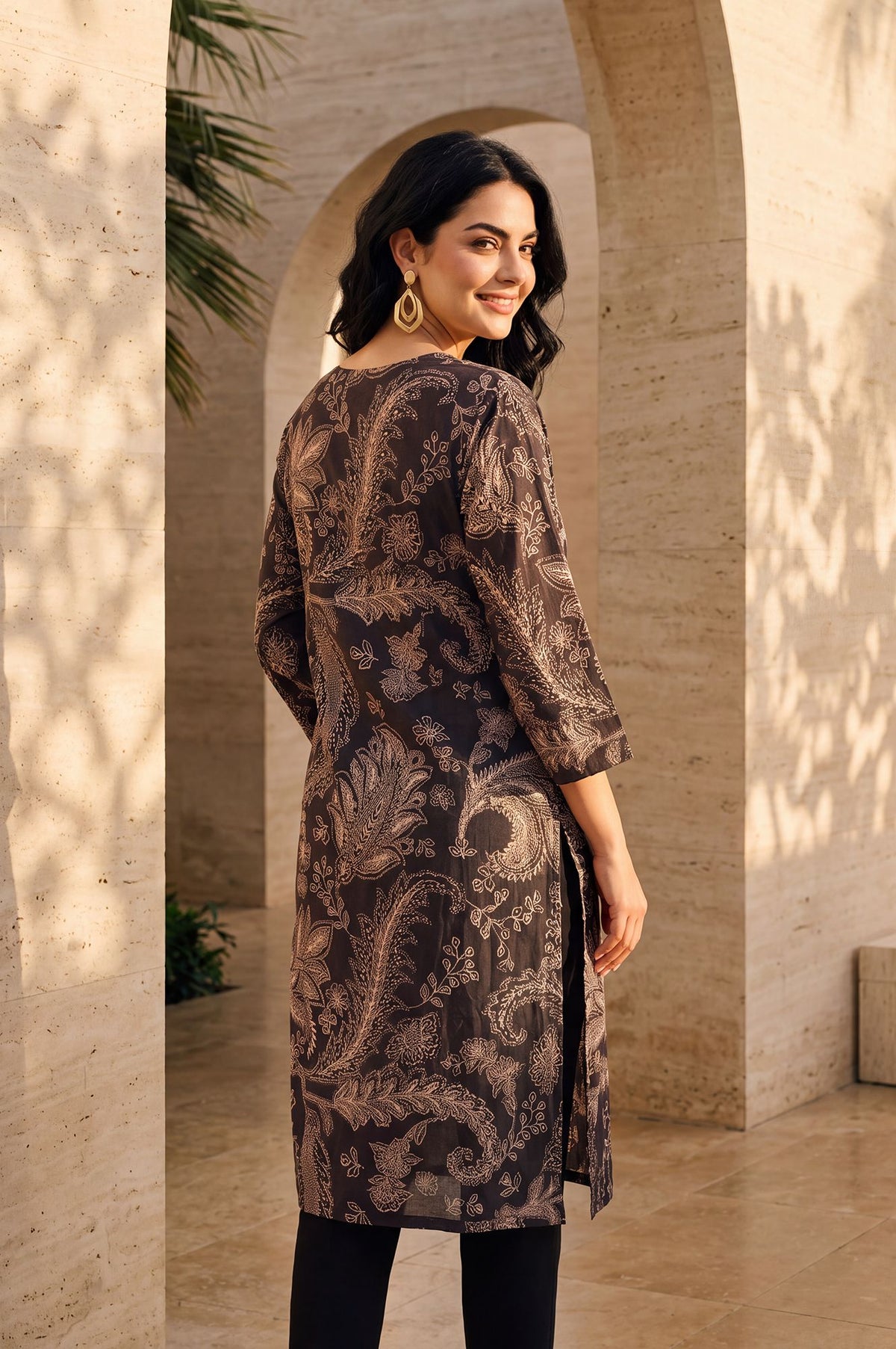 Coffee Brown Paisley Pure Cotton Straight Kurta