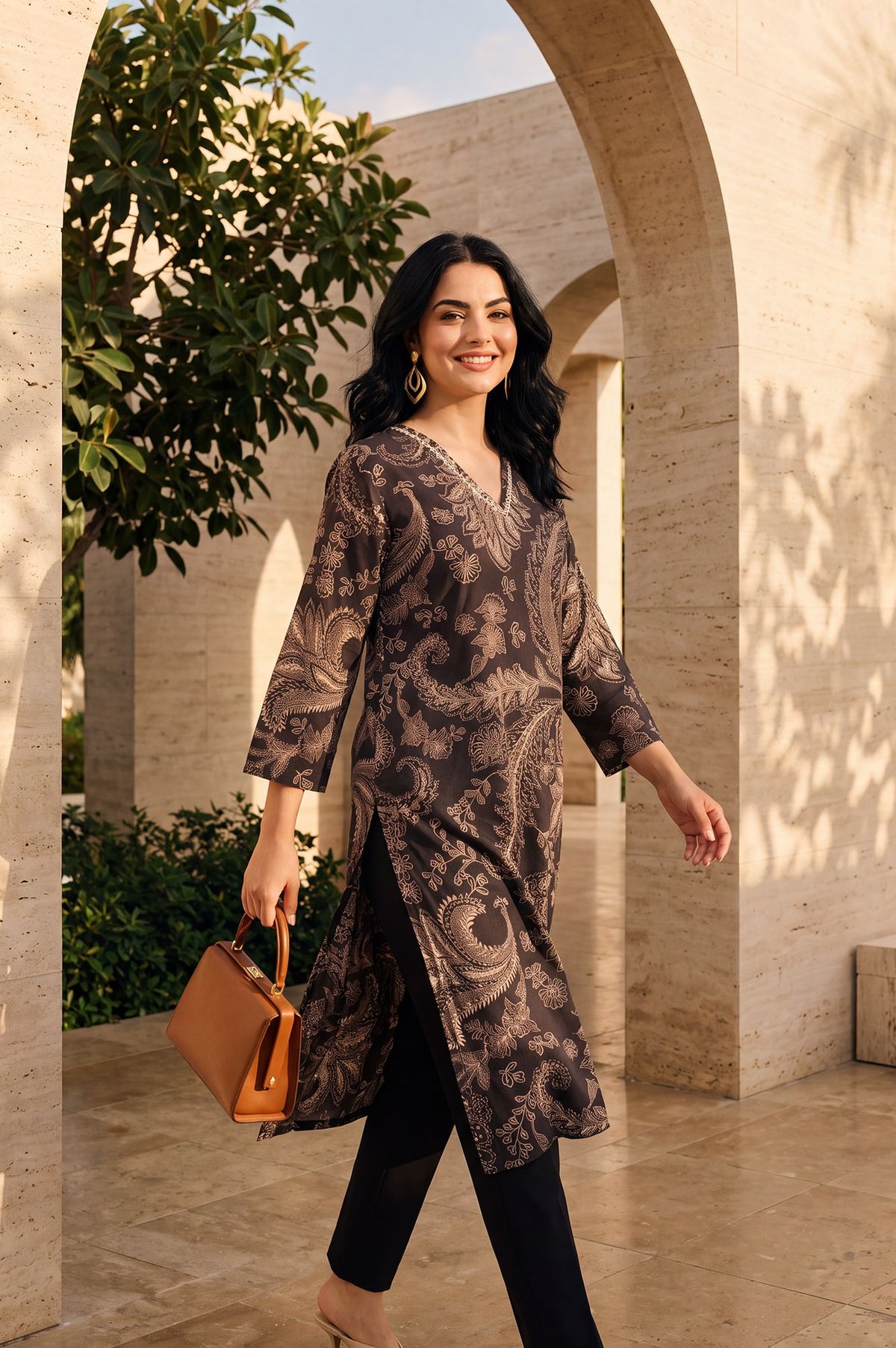 Coffee Brown Paisley Pure Cotton Straight Kurta