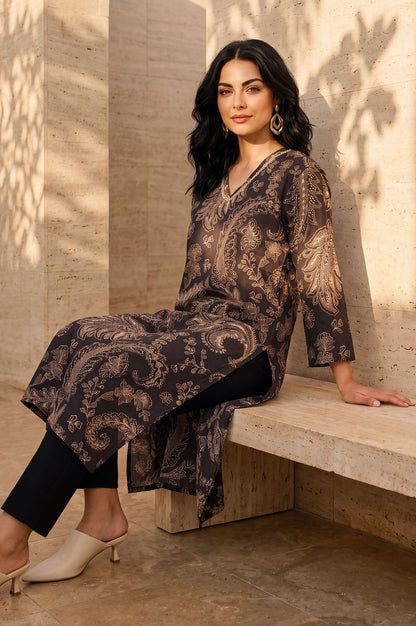 Coffee Brown Paisley Pure Cotton Straight Kurta