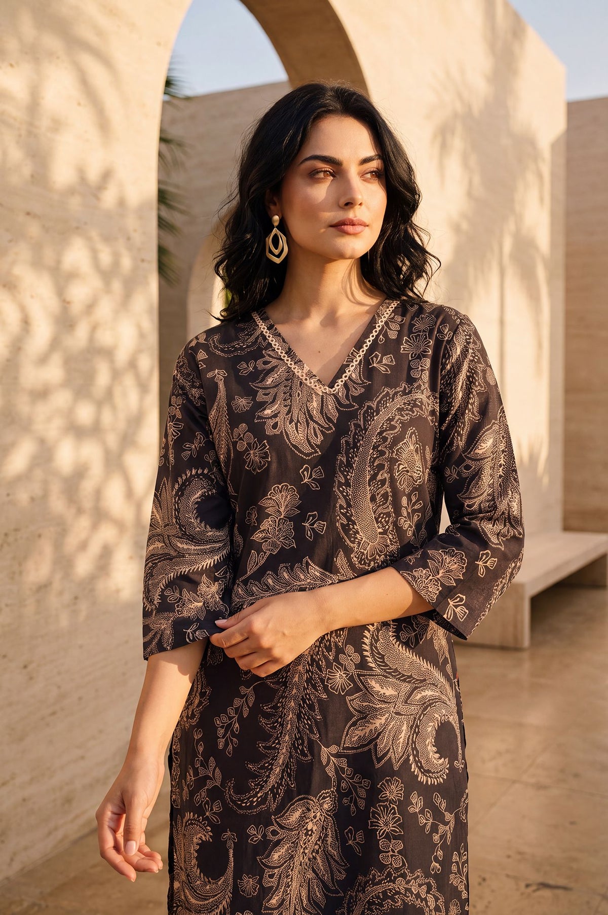 Coffee Brown Paisley Pure Cotton Straight Kurta