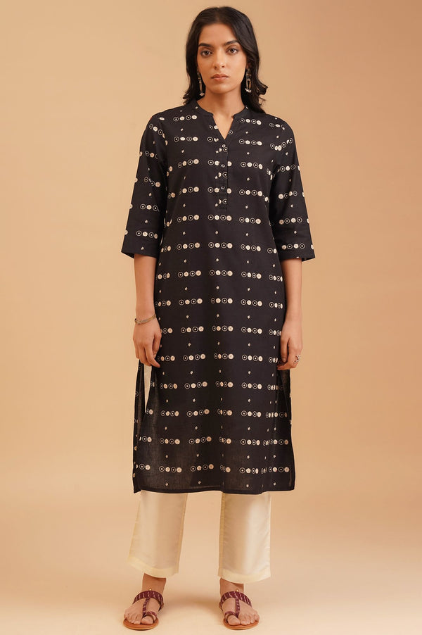 Black Ethnic Motifs Cotton Flax Straight Kurta