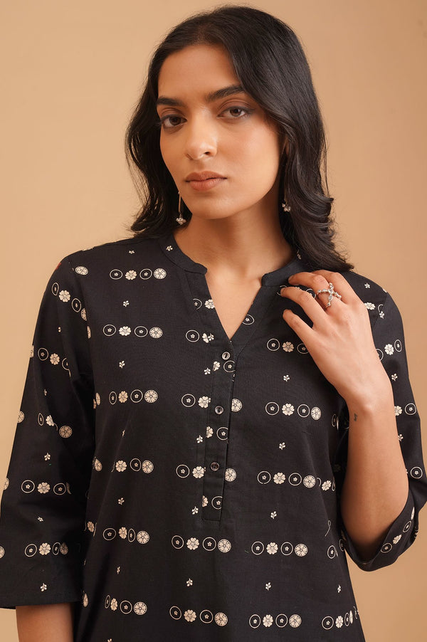 Black Ethnic Motifs Cotton Flax Straight Kurta