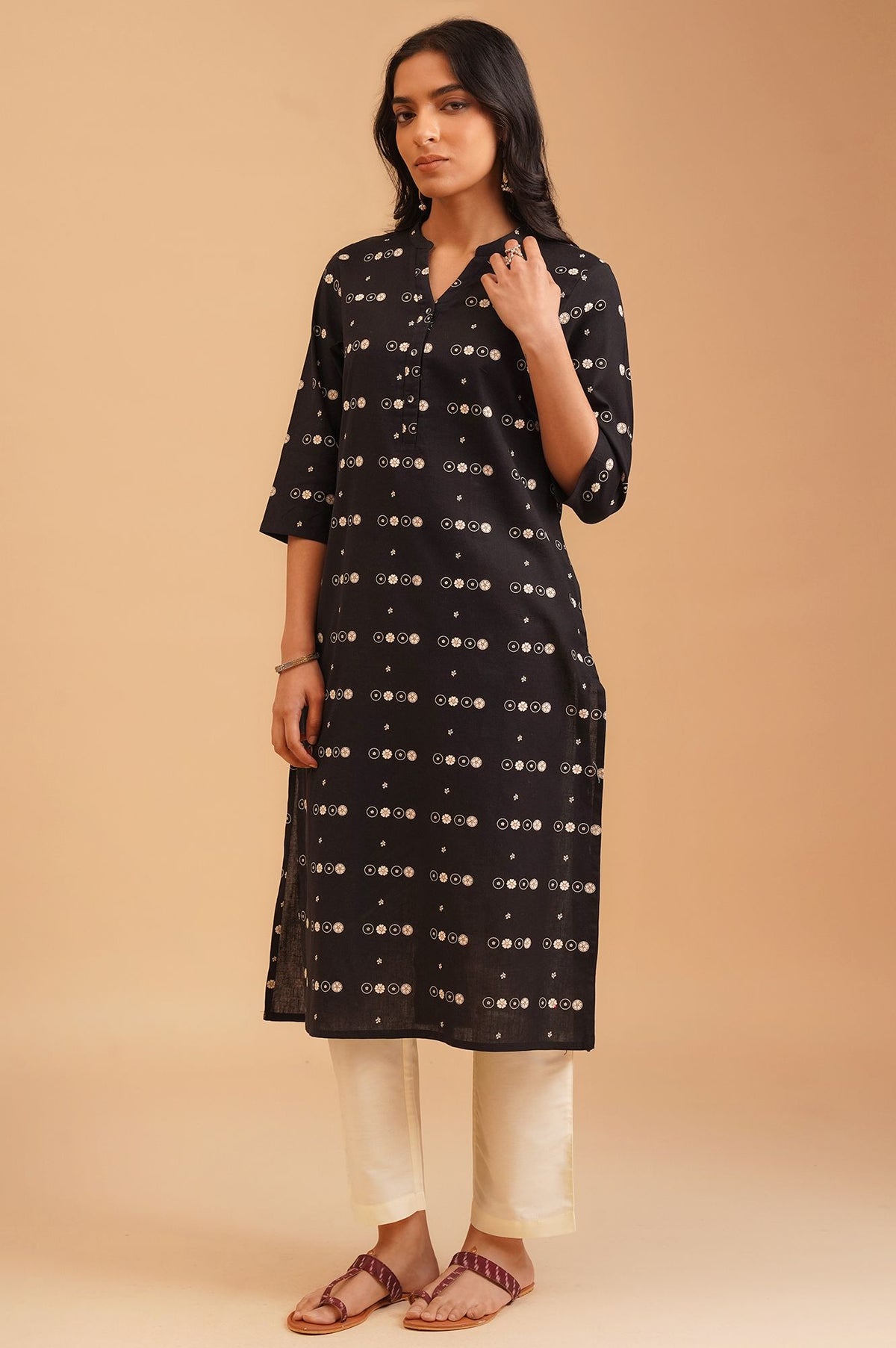 Black Ethnic Motifs Cotton Flax Straight Kurta