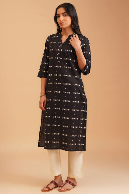 Black Ethnic Motifs Cotton Flax Straight Kurta