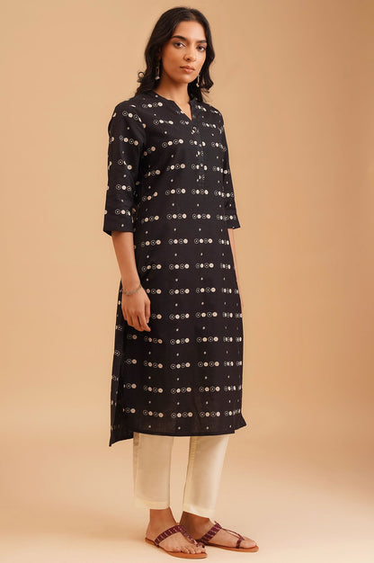 Black Ethnic Motifs Cotton Flax Straight Kurta