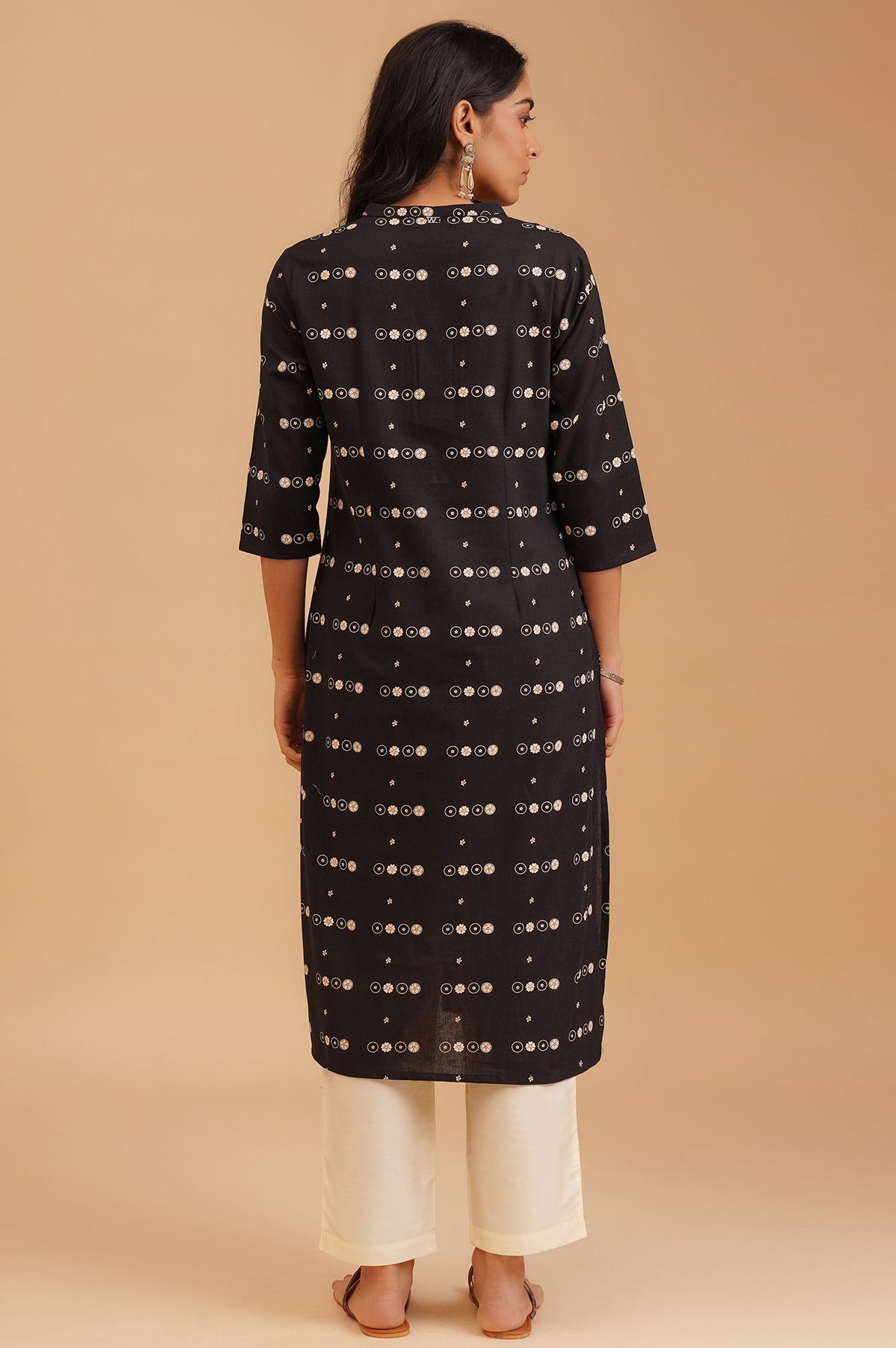 Black Ethnic Motifs Cotton Flax Straight Kurta