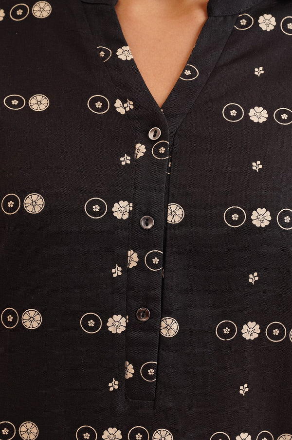 Black Ethnic Motifs Cotton Flax Straight Kurta