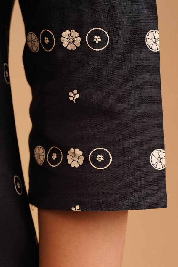 Black Ethnic Motifs Cotton Flax Straight Kurta