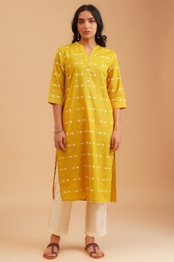 Yellow Floral Printed Cotton Flax Straight Kurta