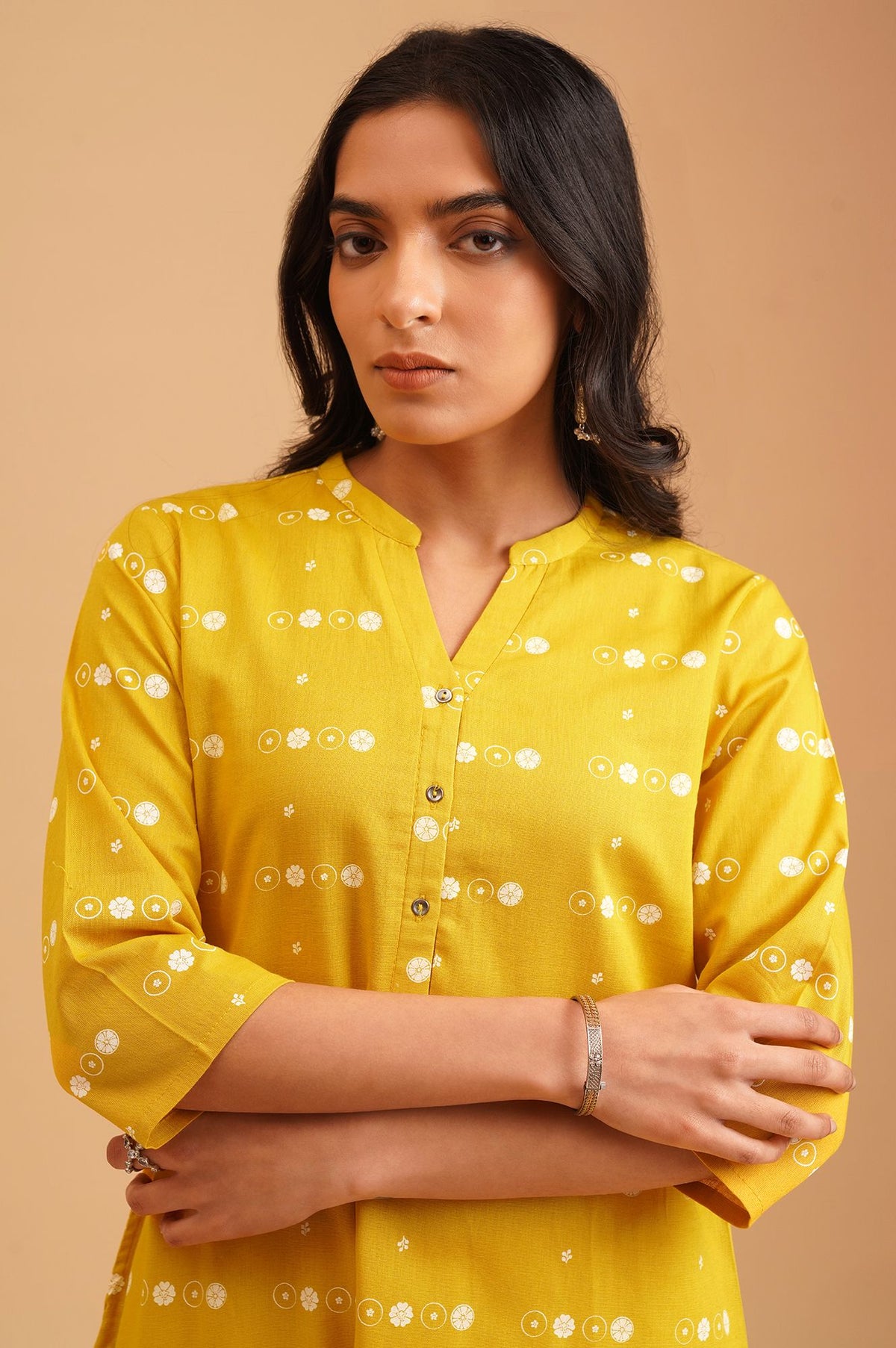 Yellow Floral Printed Cotton Flax Straight Kurta