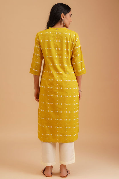 Yellow Floral Printed Cotton Flax Straight Kurta