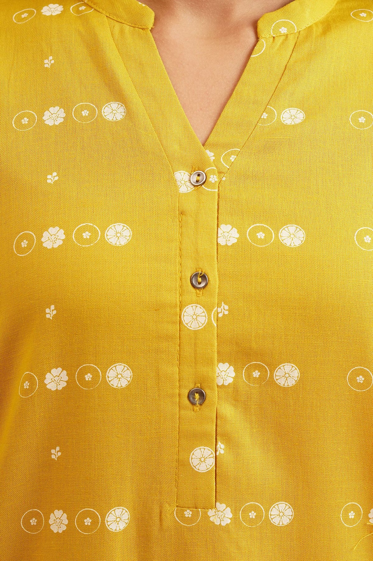 Yellow Floral Printed Cotton Flax Straight Kurta