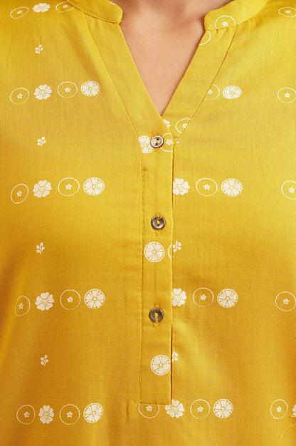 Yellow Floral Printed Cotton Flax Straight Kurta