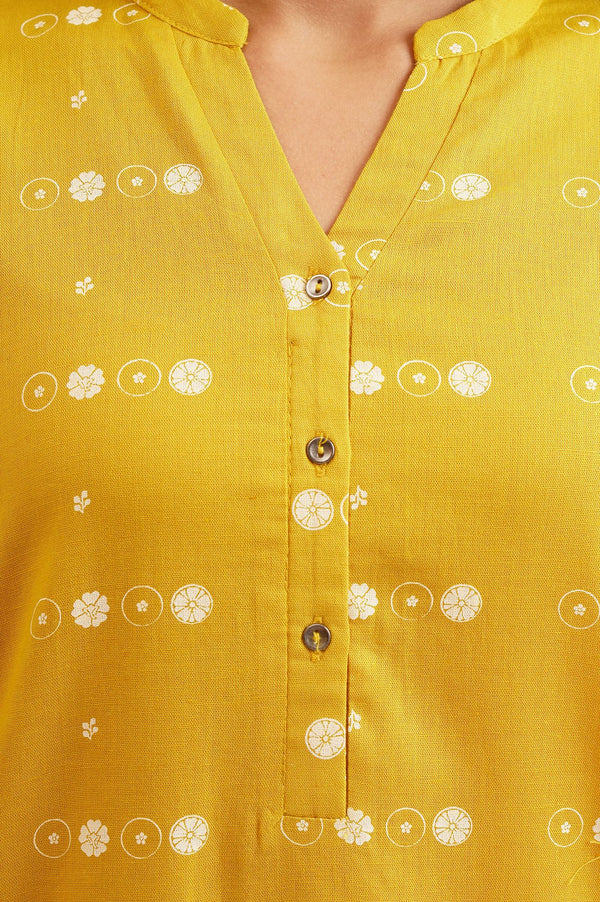 Yellow Floral Printed Cotton Flax Straight Kurta