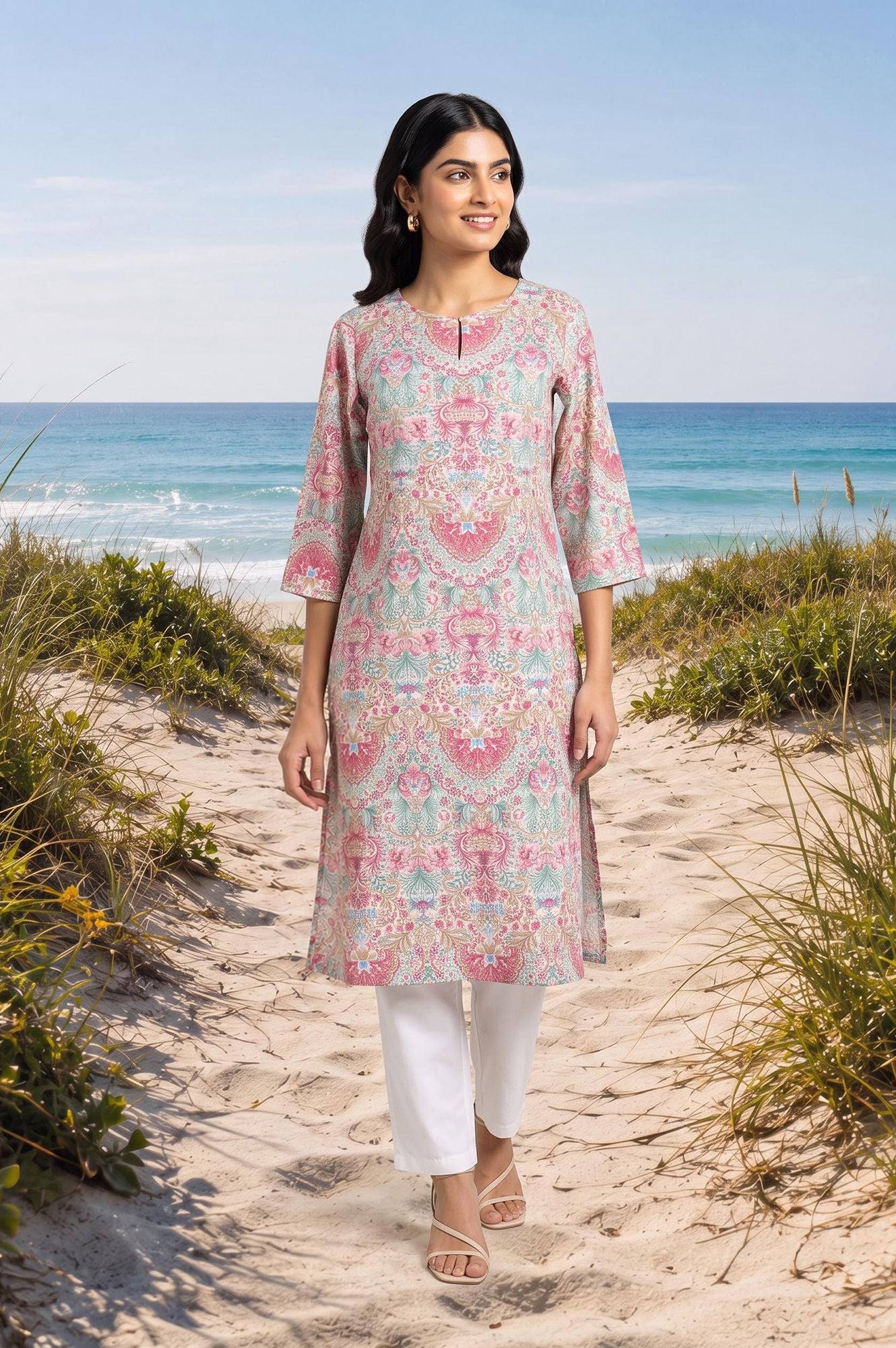 Off White Floral Printed Pure Cotton Straight Kurta