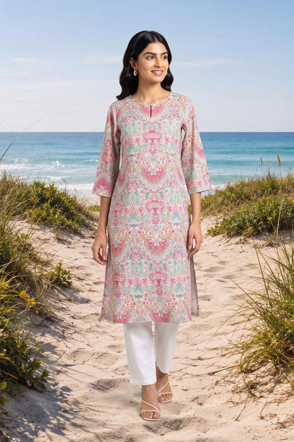 Off White Floral Printed Pure Cotton Straight Kurta