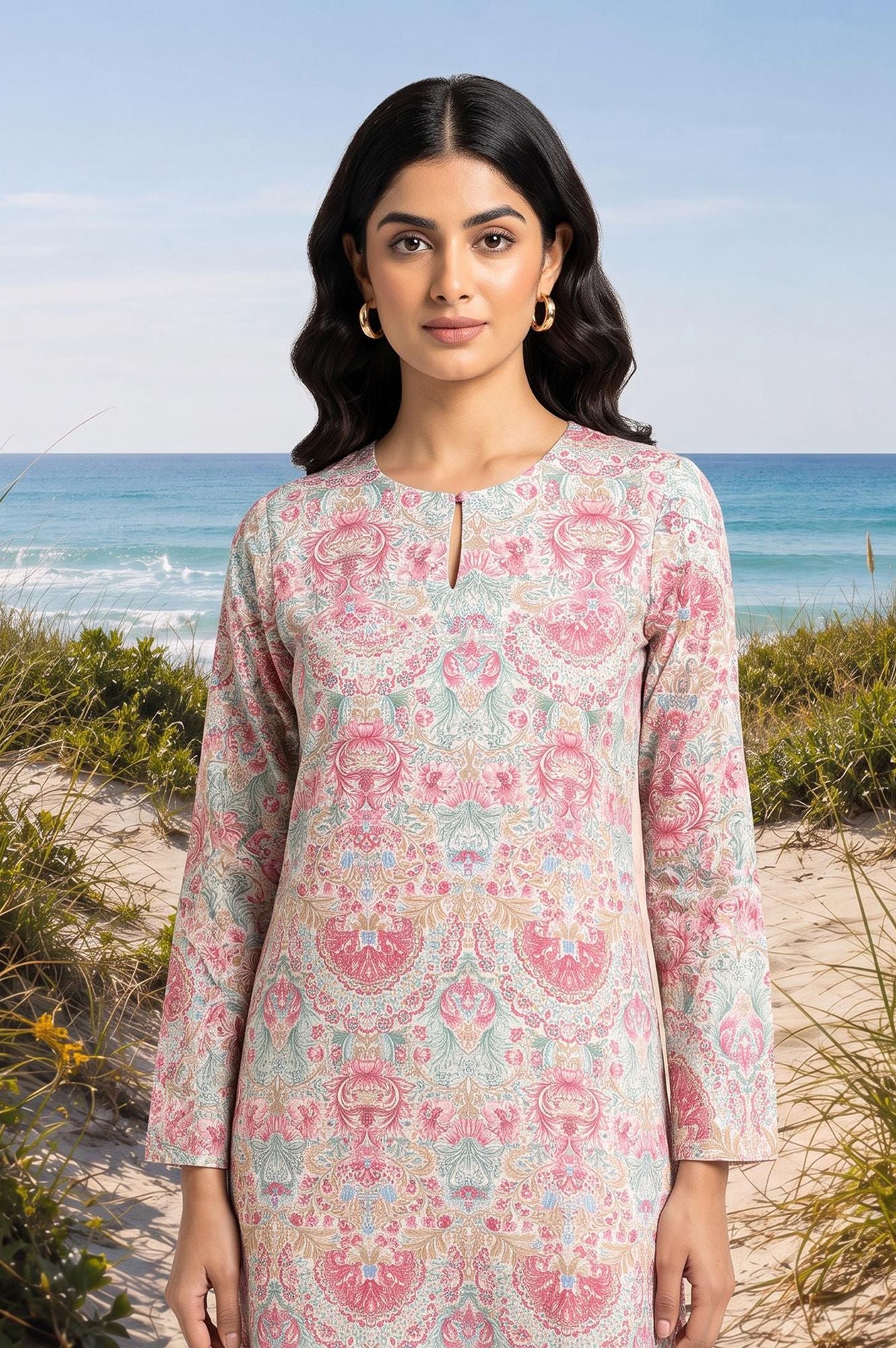 Off White Floral Printed Pure Cotton Straight Kurta