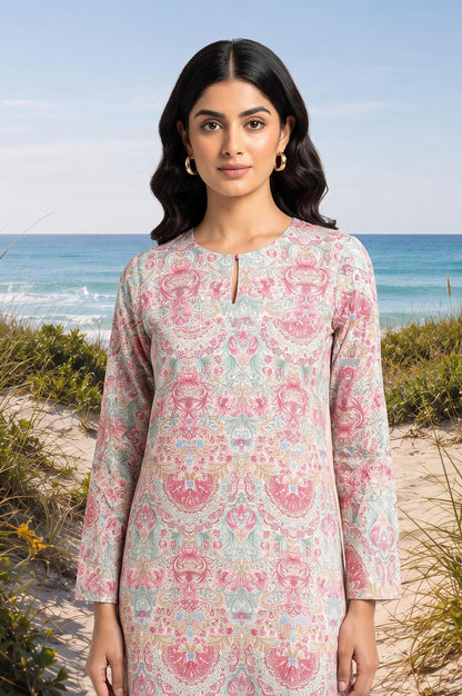 Off White Floral Printed Pure Cotton Straight Kurta