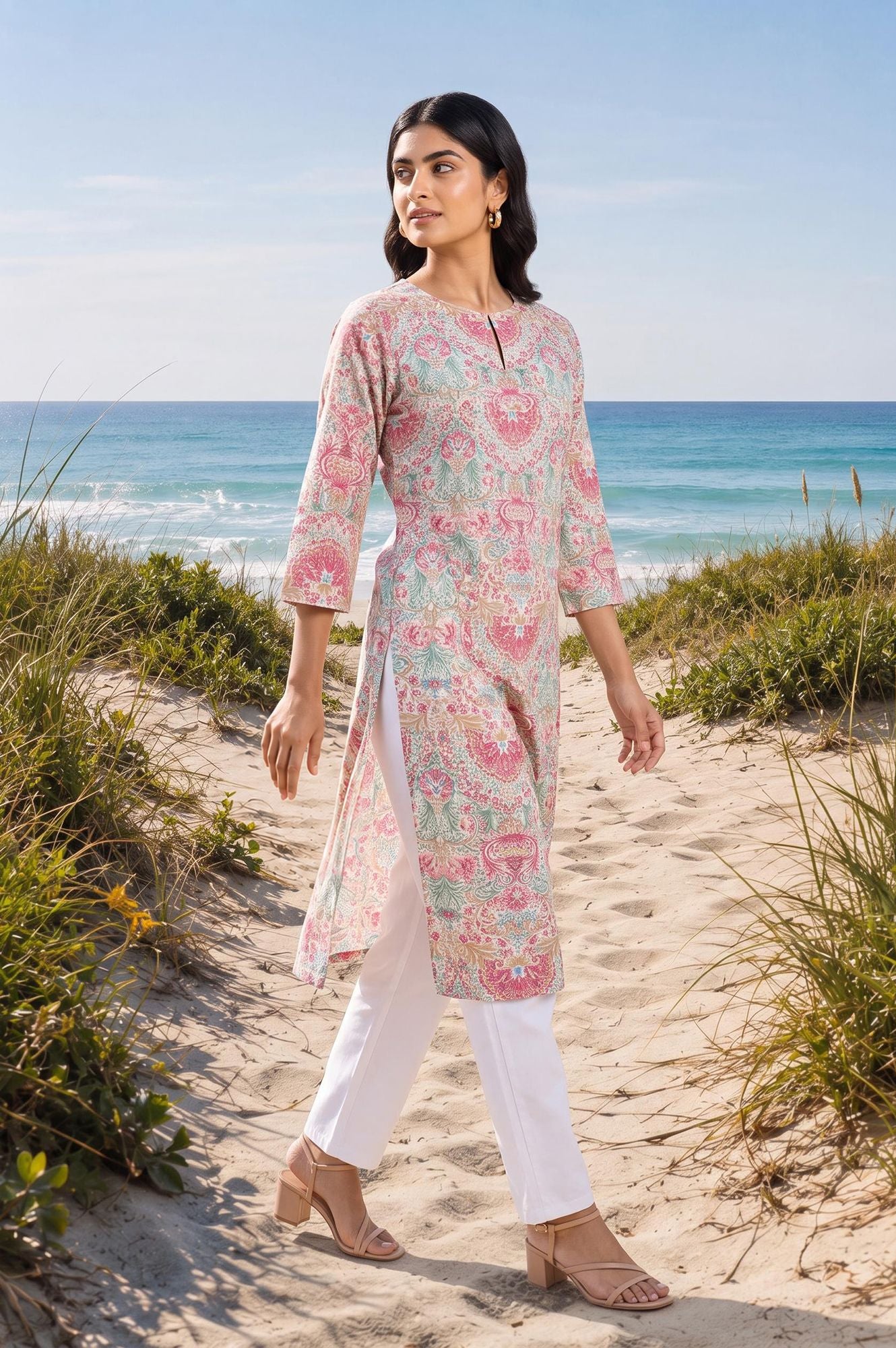 Off White Floral Printed Pure Cotton Straight Kurta