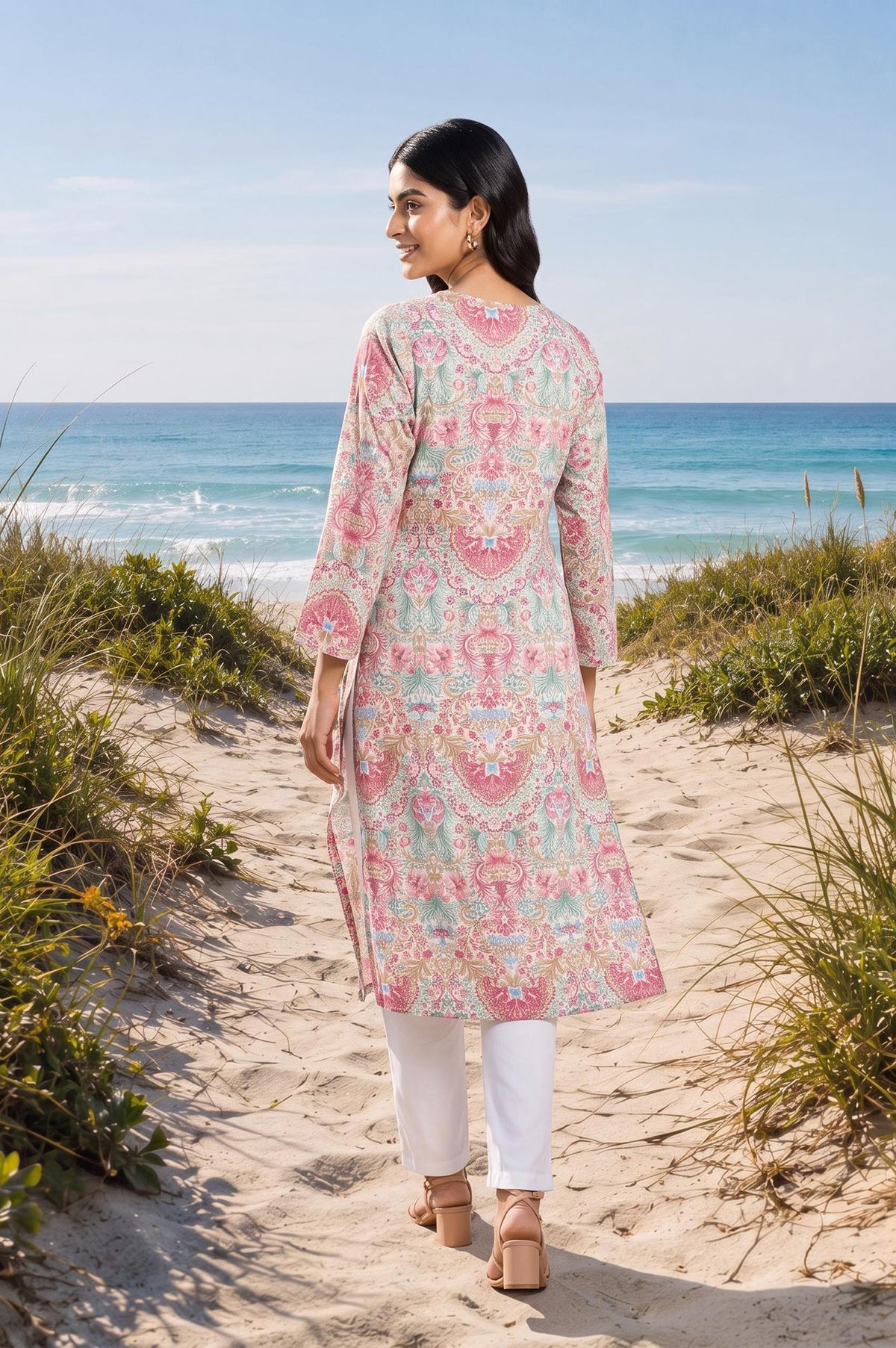 Off White Floral Printed Pure Cotton Straight Kurta