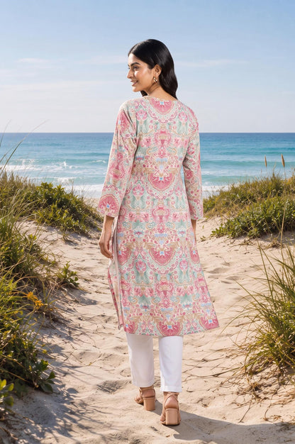 Off White Floral Printed Pure Cotton Straight Kurta