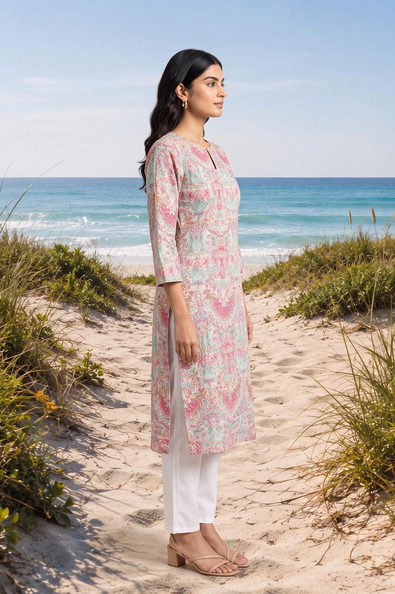 Off White Floral Printed Pure Cotton Straight Kurta