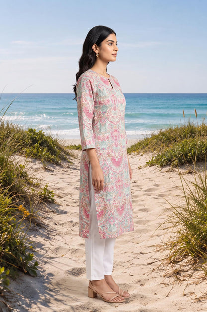 Off White Floral Printed Pure Cotton Straight Kurta