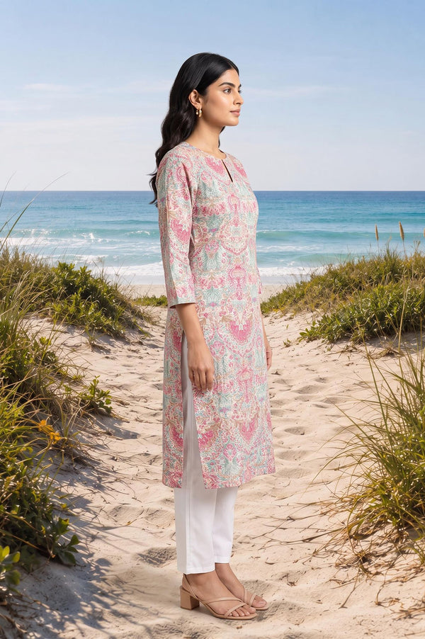 Off White Floral Printed Pure Cotton Straight Kurta