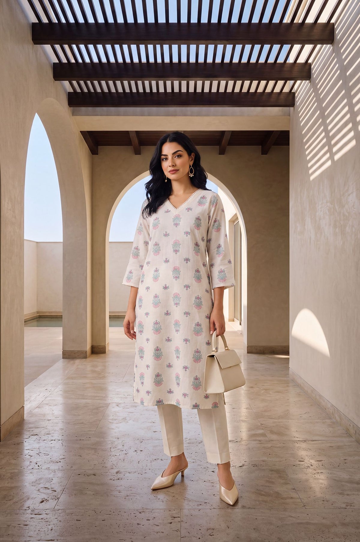 Off White Floral Printed Pure Cotton Straight Kurta
