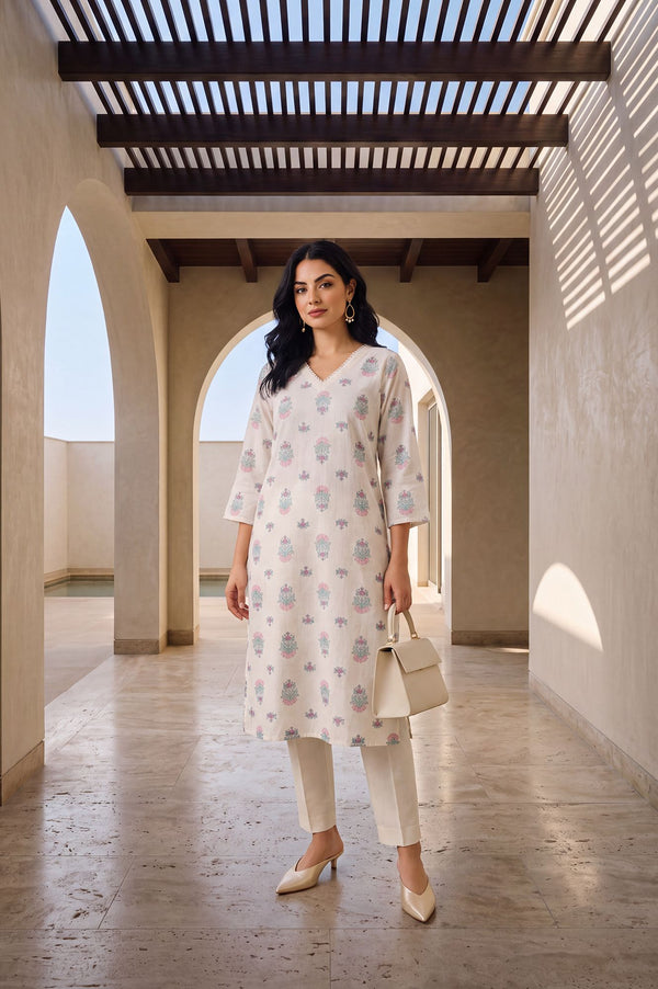 Off White Floral Printed Pure Cotton Straight Kurta