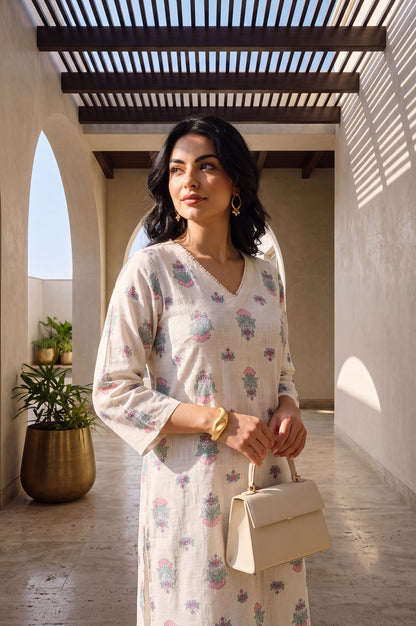 Off White Floral Printed Pure Cotton Straight Kurta