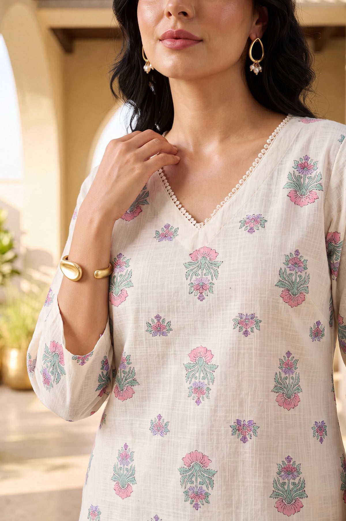 Off White Floral Printed Pure Cotton Straight Kurta