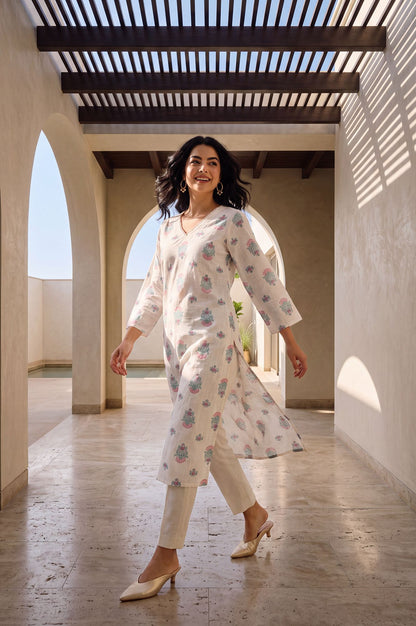 Off White Floral Printed Pure Cotton Straight Kurta