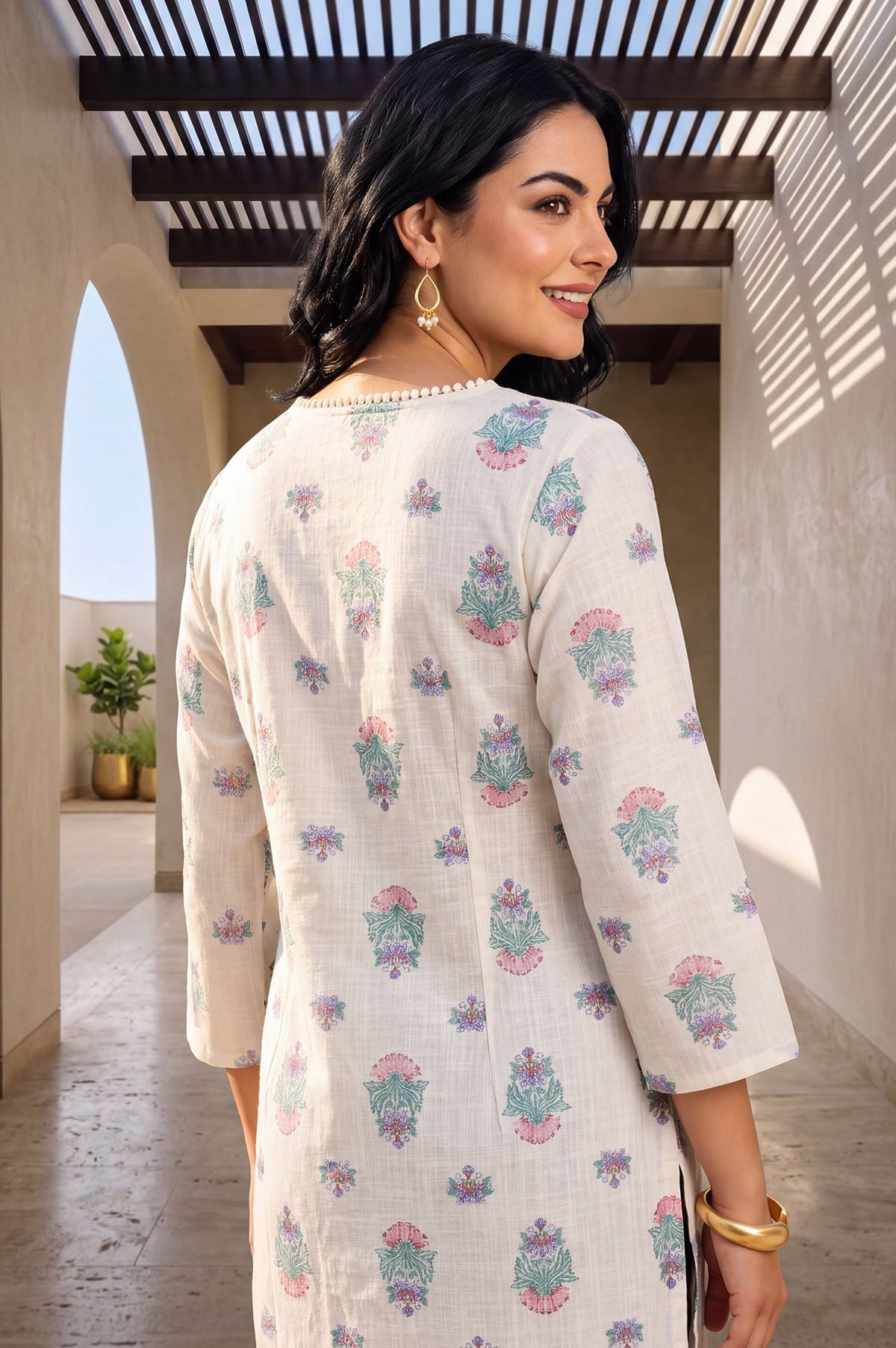 Off White Floral Printed Pure Cotton Straight Kurta