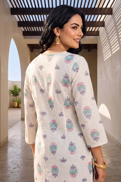 Off White Floral Printed Pure Cotton Straight Kurta
