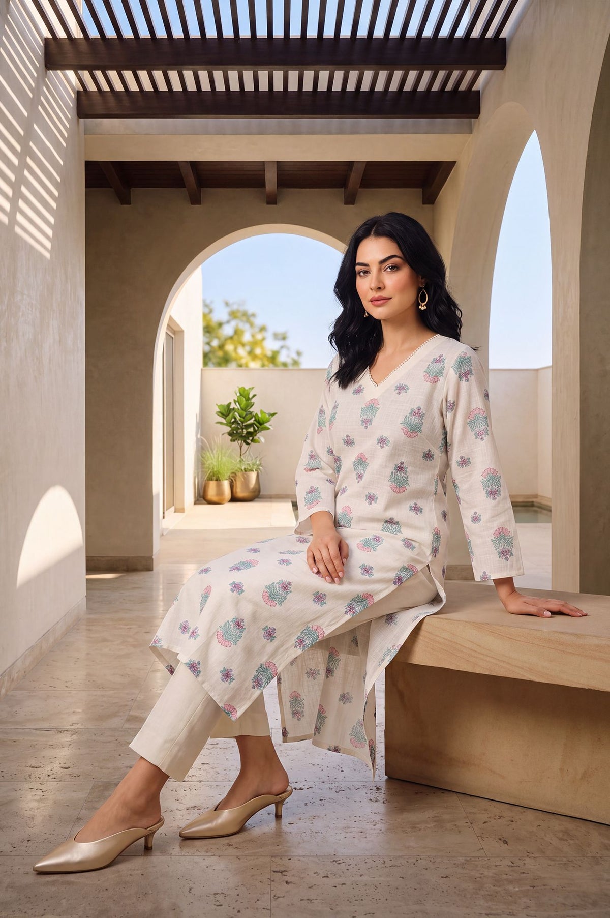Off White Floral Printed Pure Cotton Straight Kurta