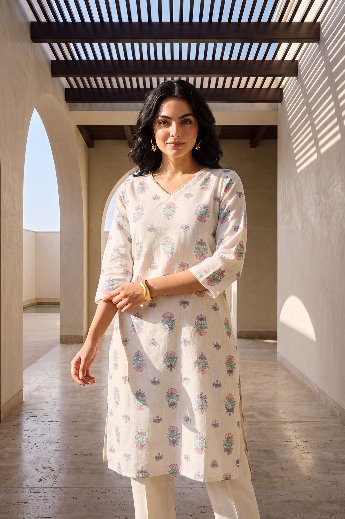 Off White Floral Printed Pure Cotton Straight Kurta