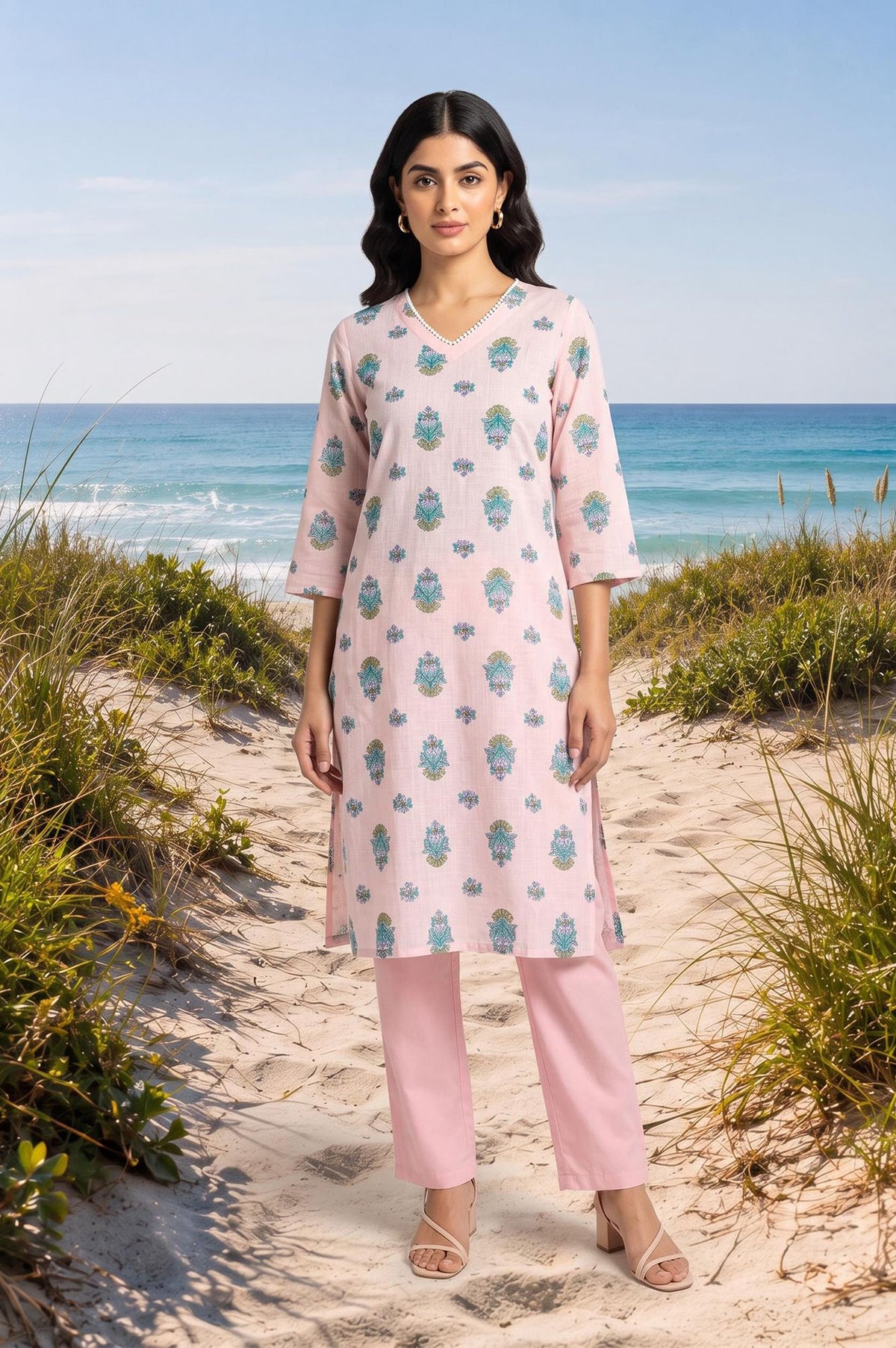 Dusty Pink Floral Printed Pure Cotton Straight Kurta